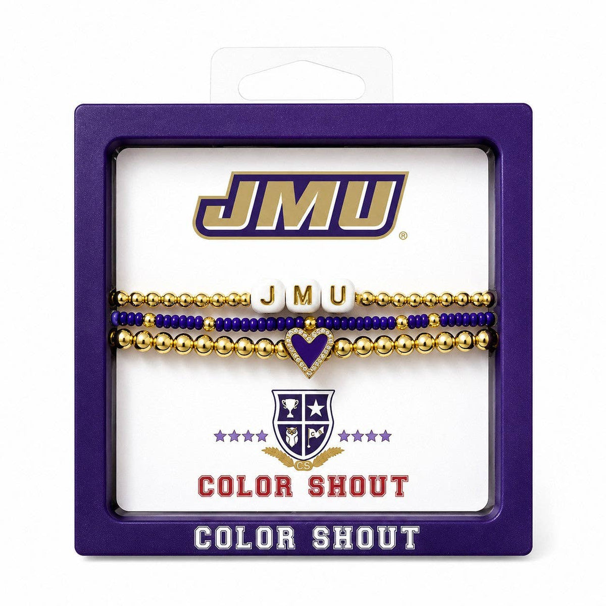 A JMU Color Shout beaded bracelet set in its purple retail display packaging, featuring gold and purple beads with a purple heart charm.