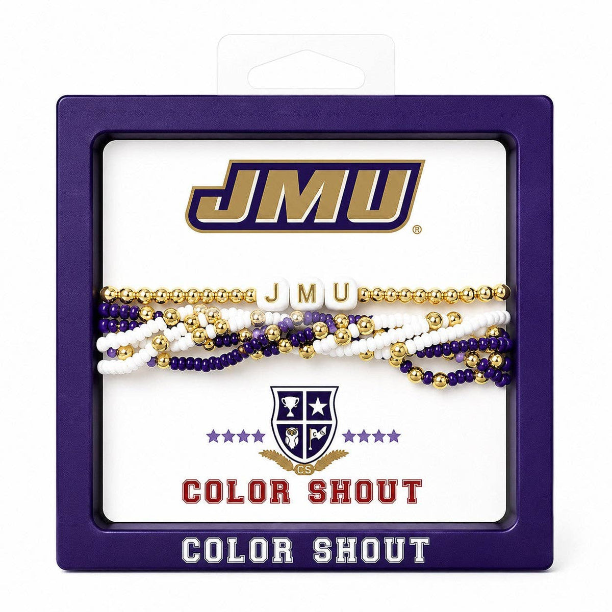 JMU Color Shout beaded bracelet set in its purple retail packaging, featuring gold, white, and purple beads with JMU branding.