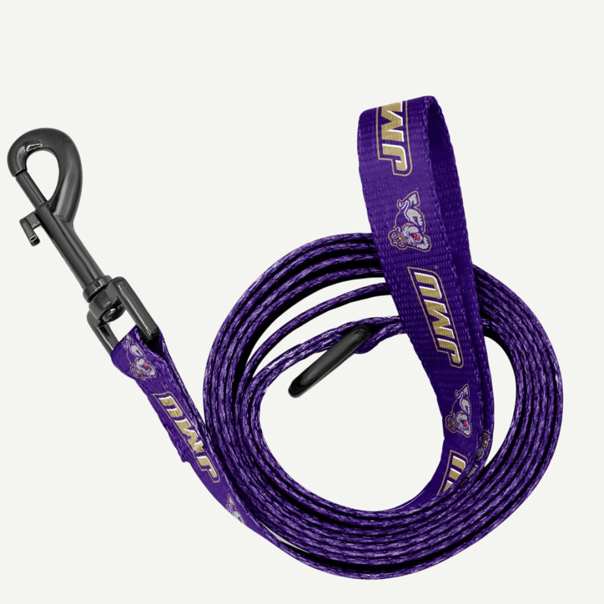 JMU Pet Leash TOP view showcasing JMU logo and mascot design on durable purple material