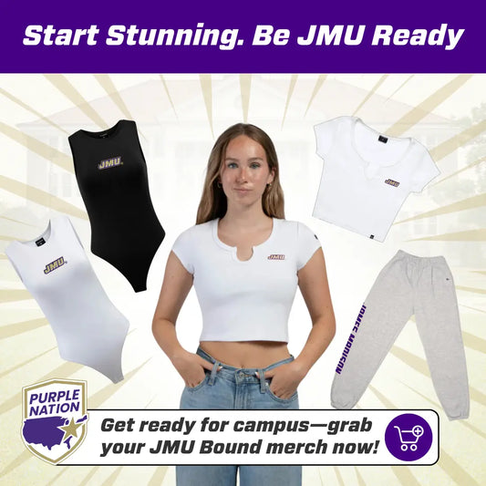 JMU Bound women's apparel collection featuring crop tops, bodysuits, and sweatpants—perfect for incoming James Madison University students.