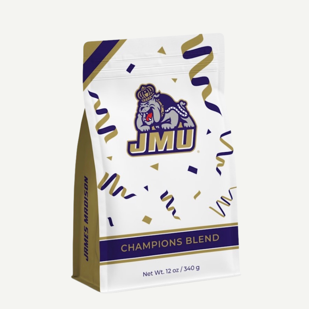 Coffee bag with JMU logo and 'Champions Blend' text on a white background
