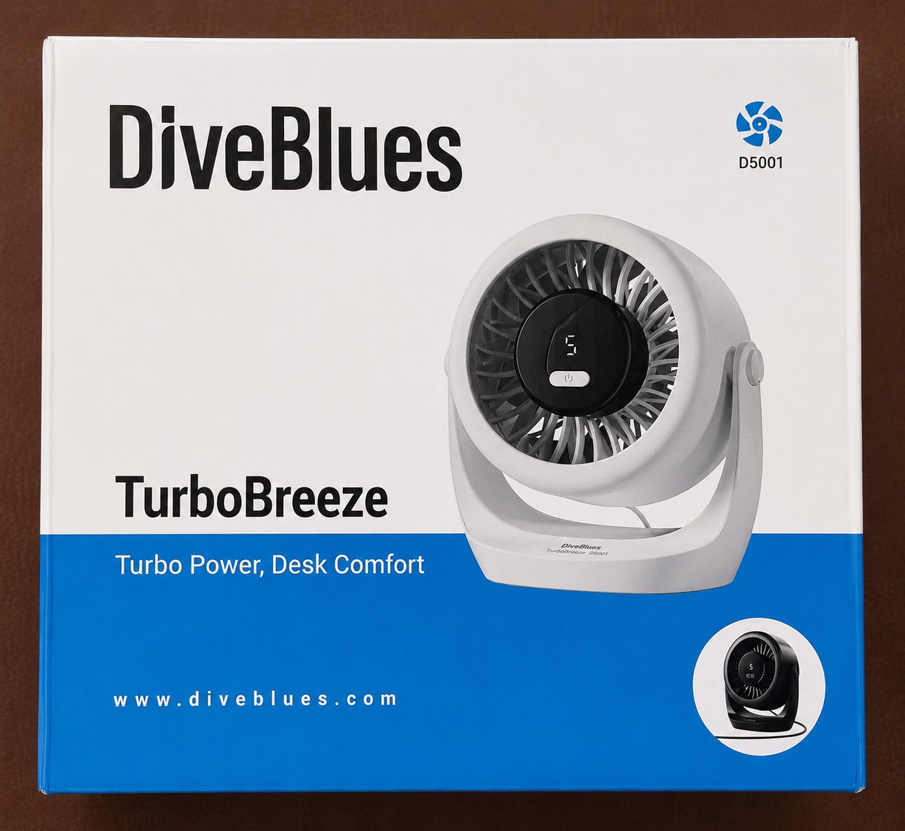 DiveBlues TurboBreeze fan product box on a brown background, showing the white and blue retail packaging with a photo of the fan on the front.