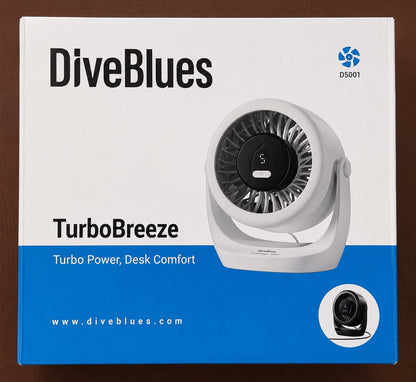 DiveBlues TurboBreeze fan product box on a brown background, showing the white and blue retail packaging with a photo of the fan on the front.