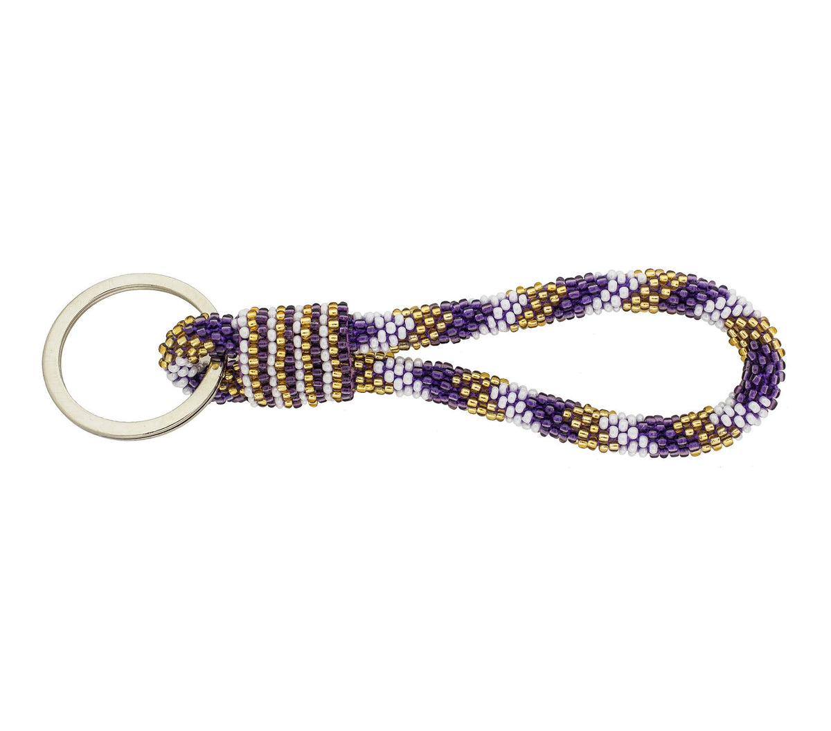 A beaded keychain with a silver metal key ring, featuring a loop of purple, white, and gold seed beads with a wrapped knot detail, shown on a plain white background.