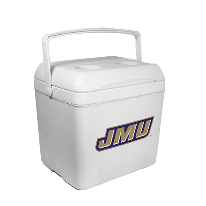 A white plastic cooler with a carrying handle and a prominent 'JMU' logo on the front, set against a plain white background.