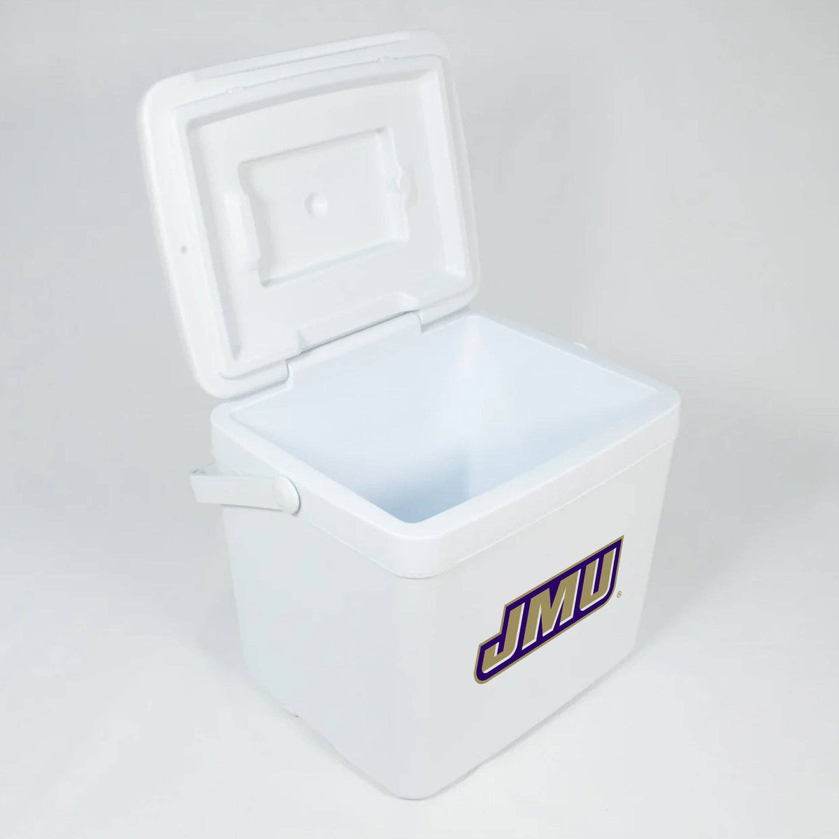 A white plastic cooler with its lid open, featuring a purple and gold 'JMU' logo on the front, set against a plain light gray background.