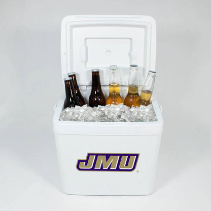 A white cooler with the JMU logo on the front, filled with ice and several beer bottles, photographed on a light gray studio background.