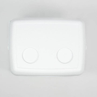 A white rectangular cooler or storage container with rounded corners and two circular indentations on the lid, photographed from above on a light gray background.