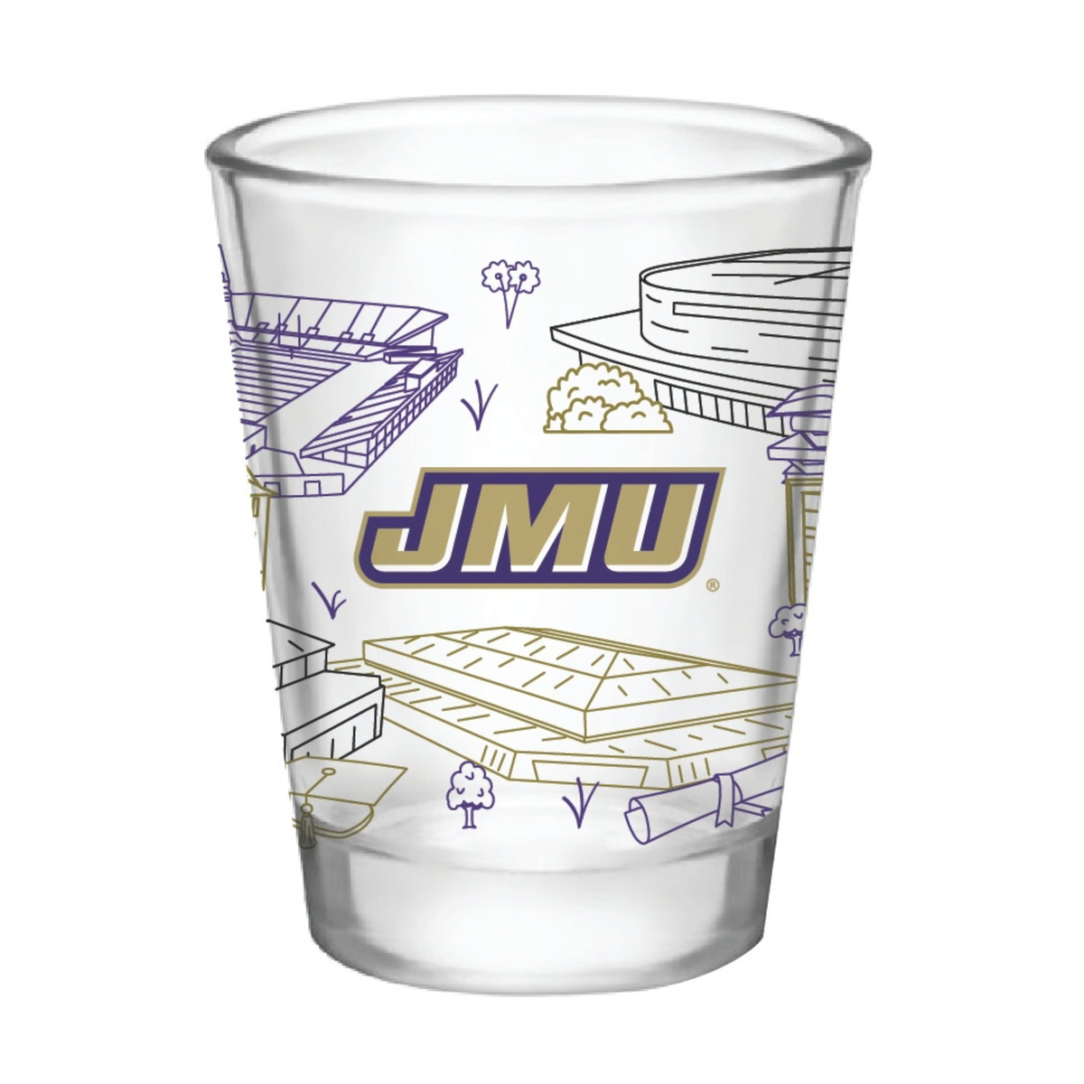 A clear glass shot glass featuring the JMU Blue Jays logo in purple and gold, surrounded by line-art illustrations of stadium architecture in purple and gold, on a solid white background.