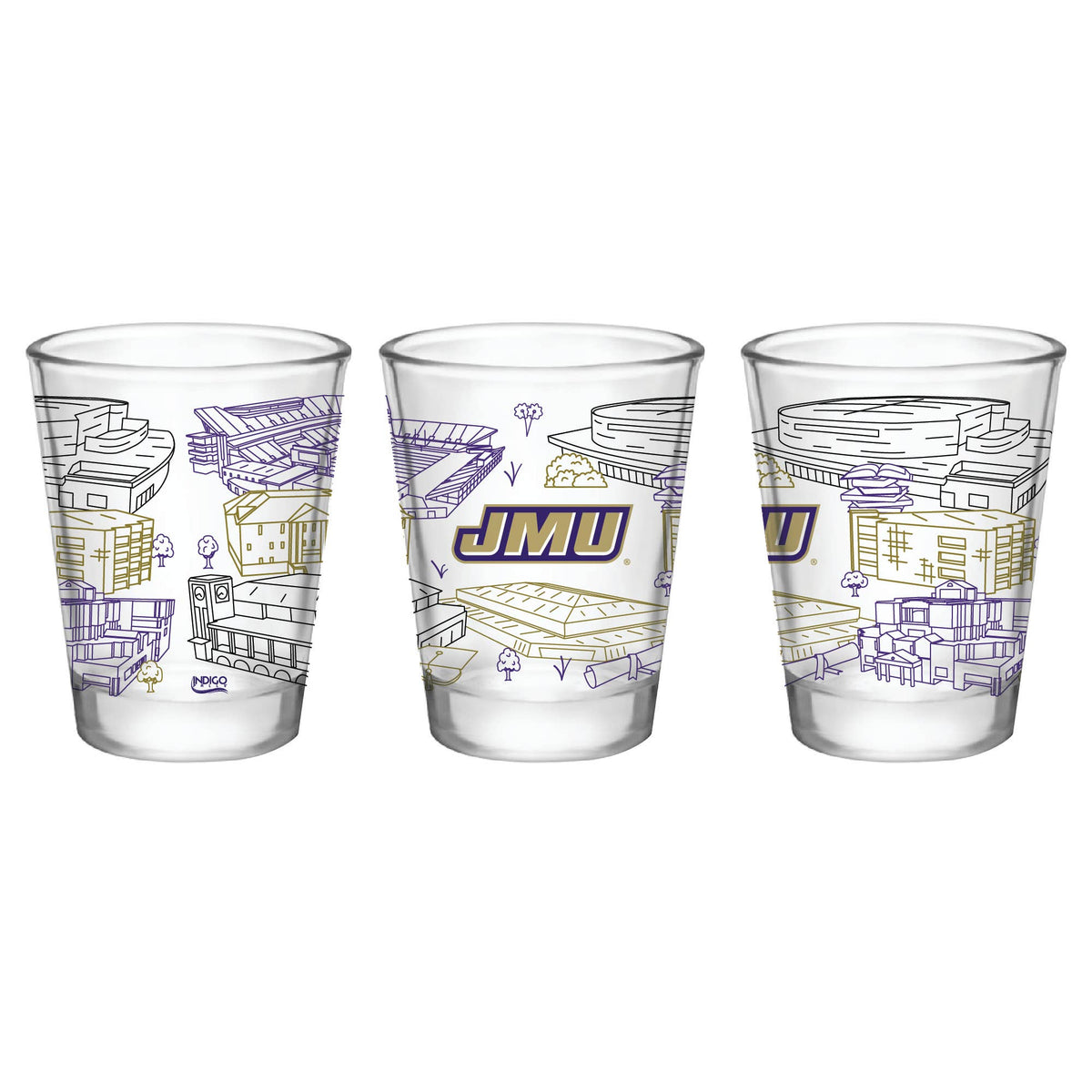 Three clear plastic shot glasses with purple and gold JMU graphics, including stadium illustrations and the JMU logo, shown on a white background.