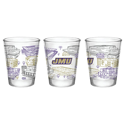 Three clear plastic shot glasses with purple and gold JMU graphics, including stadium illustrations and the JMU logo, shown on a white background.