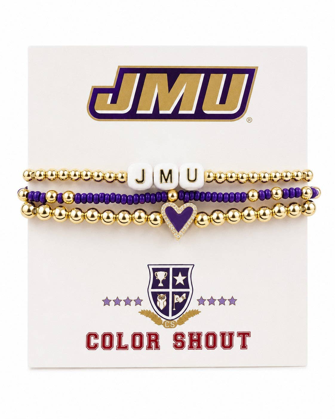 A set of three JMU 'Color Shout' beaded bracelets on a white display card. The bracelets feature gold and purple beads, white letter beads spelling 'JMU', and a purple heart charm.