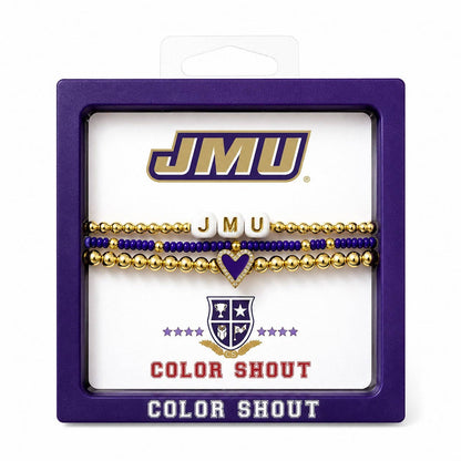 A JMU Color Shout beaded bracelet set in its purple retail display packaging, featuring gold and purple beads with a purple heart charm.