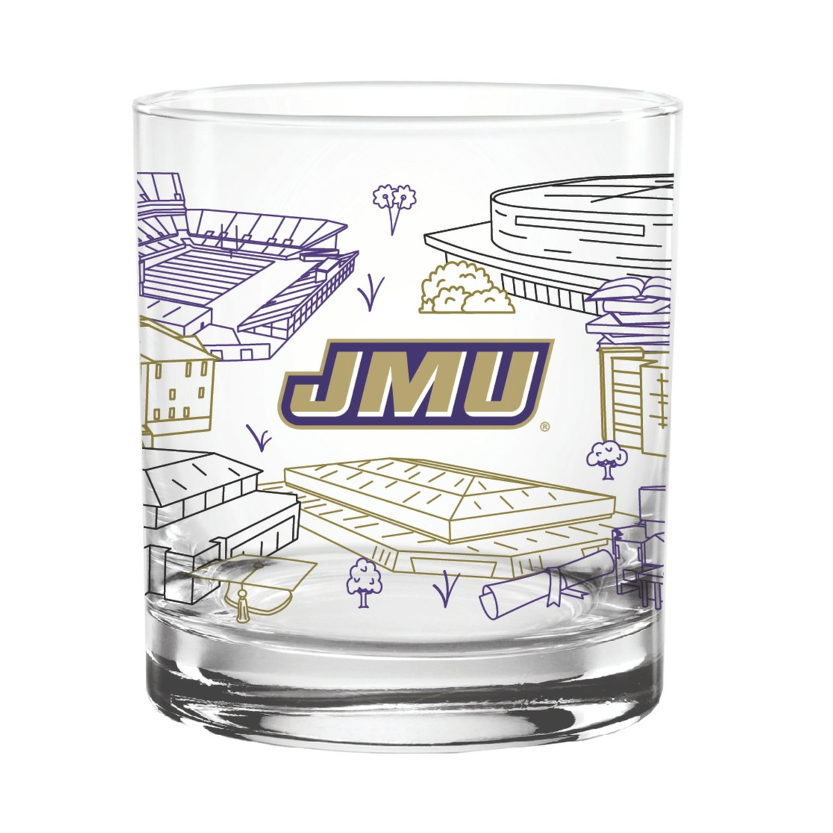 A clear glass rocks tumbler featuring a printed illustration of JMU (James Madison University) campus landmarks in purple and gold outlines, with a large 'JMU' logo in the center.