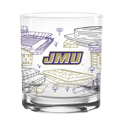 A clear glass rocks tumbler featuring a printed illustration of JMU (James Madison University) campus landmarks in purple and gold outlines, with a large 'JMU' logo in the center.