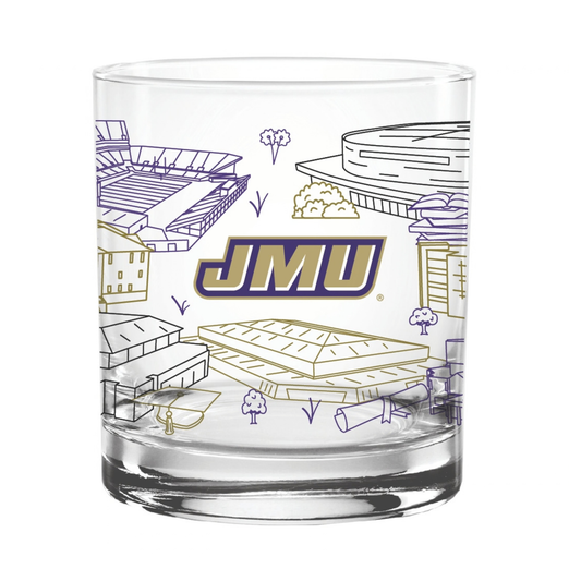 A clear glass rocks tumbler featuring a printed illustration of JMU (James Madison University) campus landmarks in purple and gold outlines, with a large 'JMU' logo in the center.