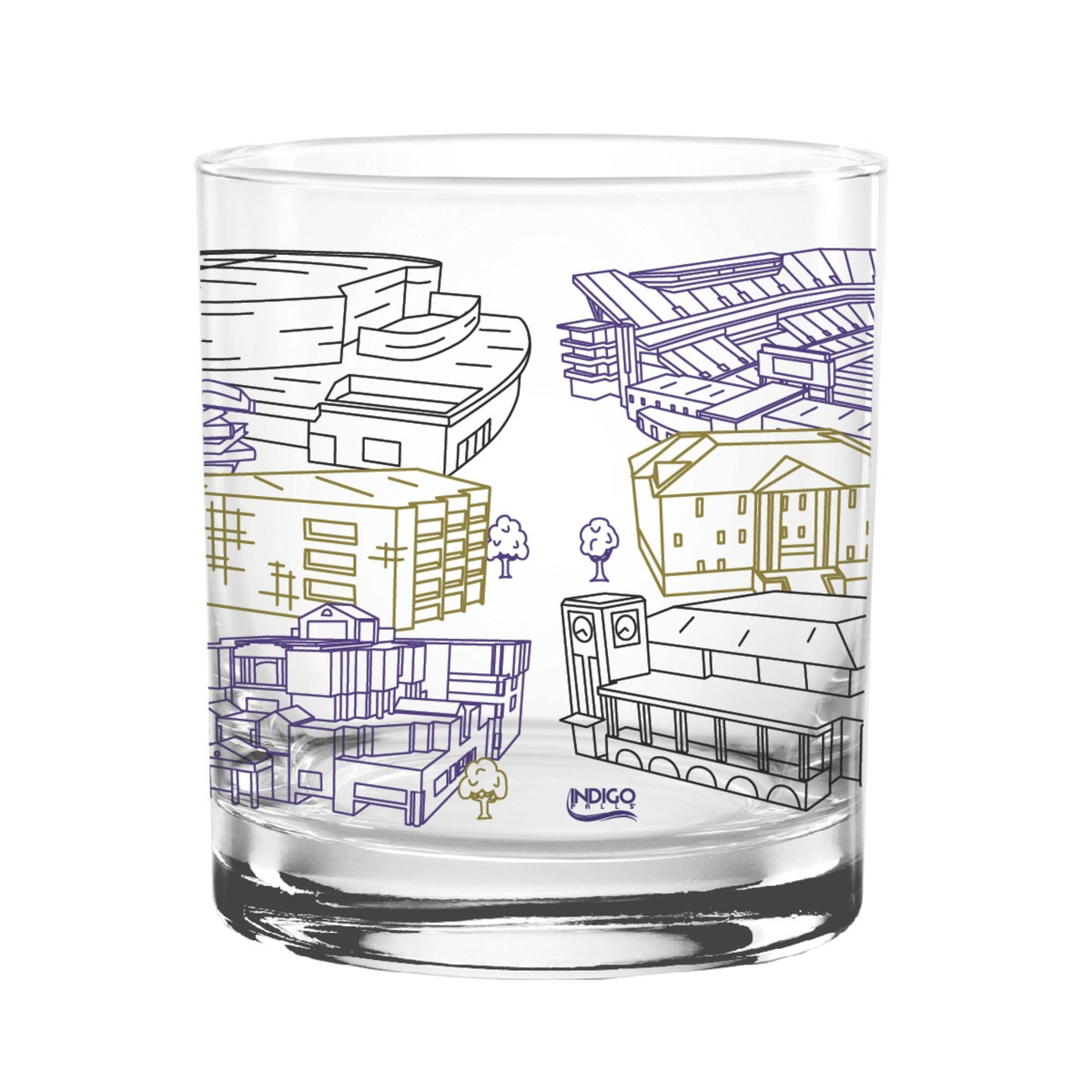 A clear glass rocks tumbler featuring hand-drawn architectural illustrations of various buildings in purple, gold, and black outlines, with a small 'INDIGO' logo at the bottom.