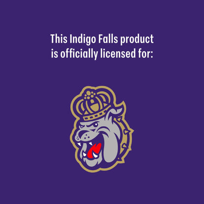 A purple graphic with white text reading 'This Indigo Falls product is officially licensed for:' above a stylized mascot logo of a snarling dog wearing a crown in purple, gold, gray, and red.