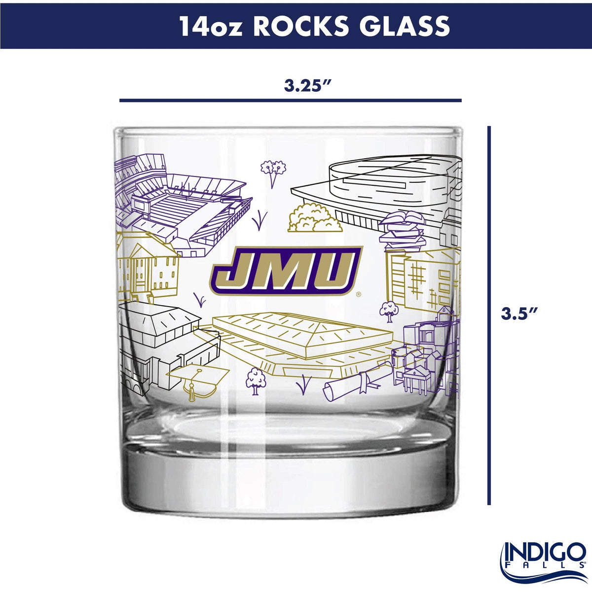 A 14oz rocks glass with a purple and gold JMU graphic and stadium illustrations, shown with dimension lines indicating 3.25" width and 3.