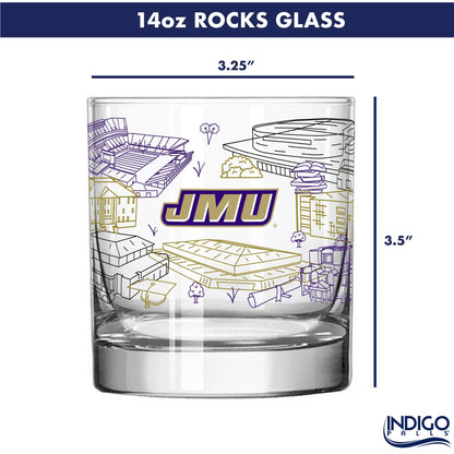 A 14oz rocks glass with a purple and gold JMU graphic and stadium illustrations, shown with dimension lines indicating 3.25" width and 3.