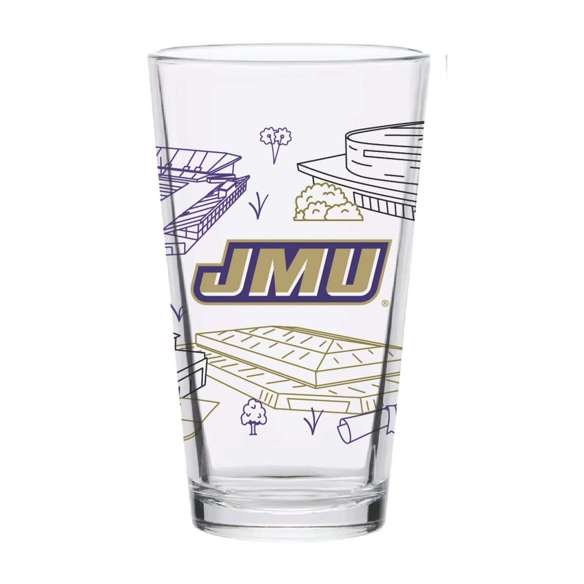 A clear glass pint glass featuring the JMU Blue Devils logo in purple and gold, surrounded by gold and purple line-art illustrations of stadiums and trees, shown on a plain white background.