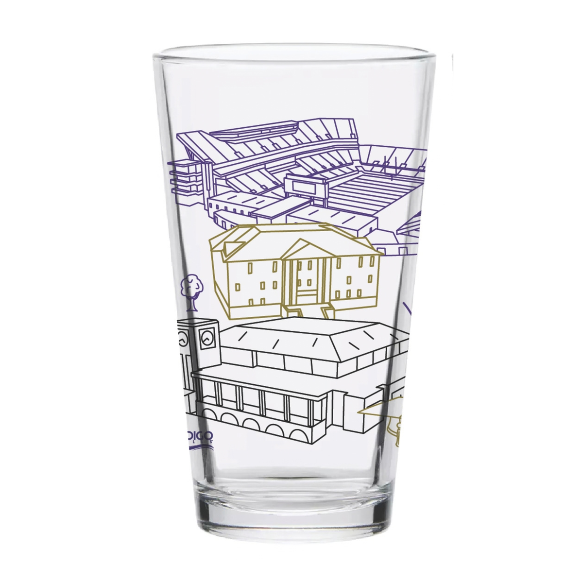A clear pint glass featuring a line-art illustration of a stadium and buildings in purple and gold outlines, shown on a plain white background.