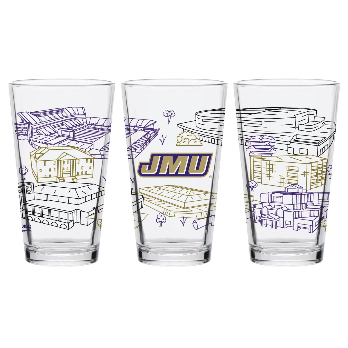 Three clear pint glasses with architectural line drawings in purple and gold, featuring the letters 'JMU' in purple and gold on the center glass, shown on a white background.