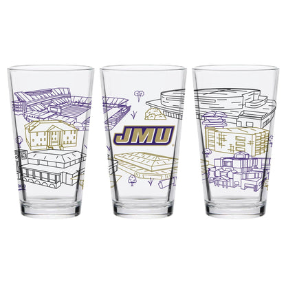 Three clear pint glasses with architectural line drawings in purple and gold, featuring the letters 'JMU' in purple and gold on the center glass, shown on a white background.