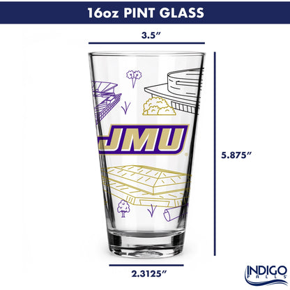 A 16oz pint glass with JMU Blue Jays graphics, shown with dimension lines indicating its height of 5.875 inches, width of 3.