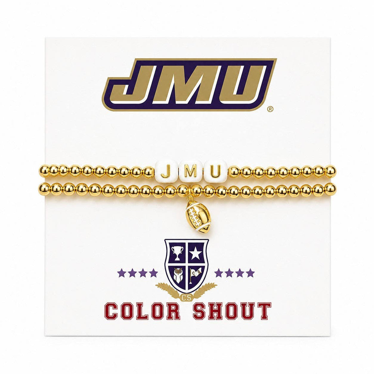 A set of gold beaded bracelets with white letter beads spelling 'JMU' and a small gold football charm, displayed on a white card featuring the JMU logo and 'COLOR SHOUT' text.