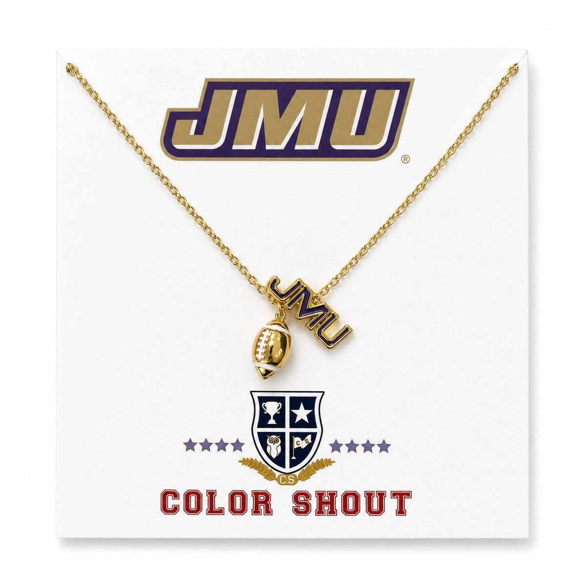 A gold-tone JMU 'Color Shout' necklace with a football charm and a 'JMU' letter charm, displayed on a white backing card featuring the JMU logo and crest.