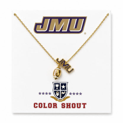 A gold-tone JMU 'Color Shout' necklace with a football charm and a 'JMU' letter charm, displayed on a white backing card featuring the JMU logo and crest.
