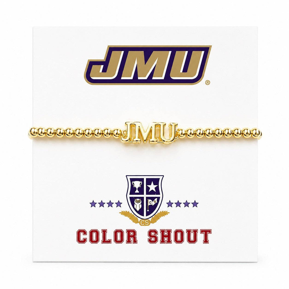 A gold beaded bracelet with a central 'JMU' logo charm, displayed on a white card featuring the JMU logo and a 'COLOR SHOUT' graphic.
