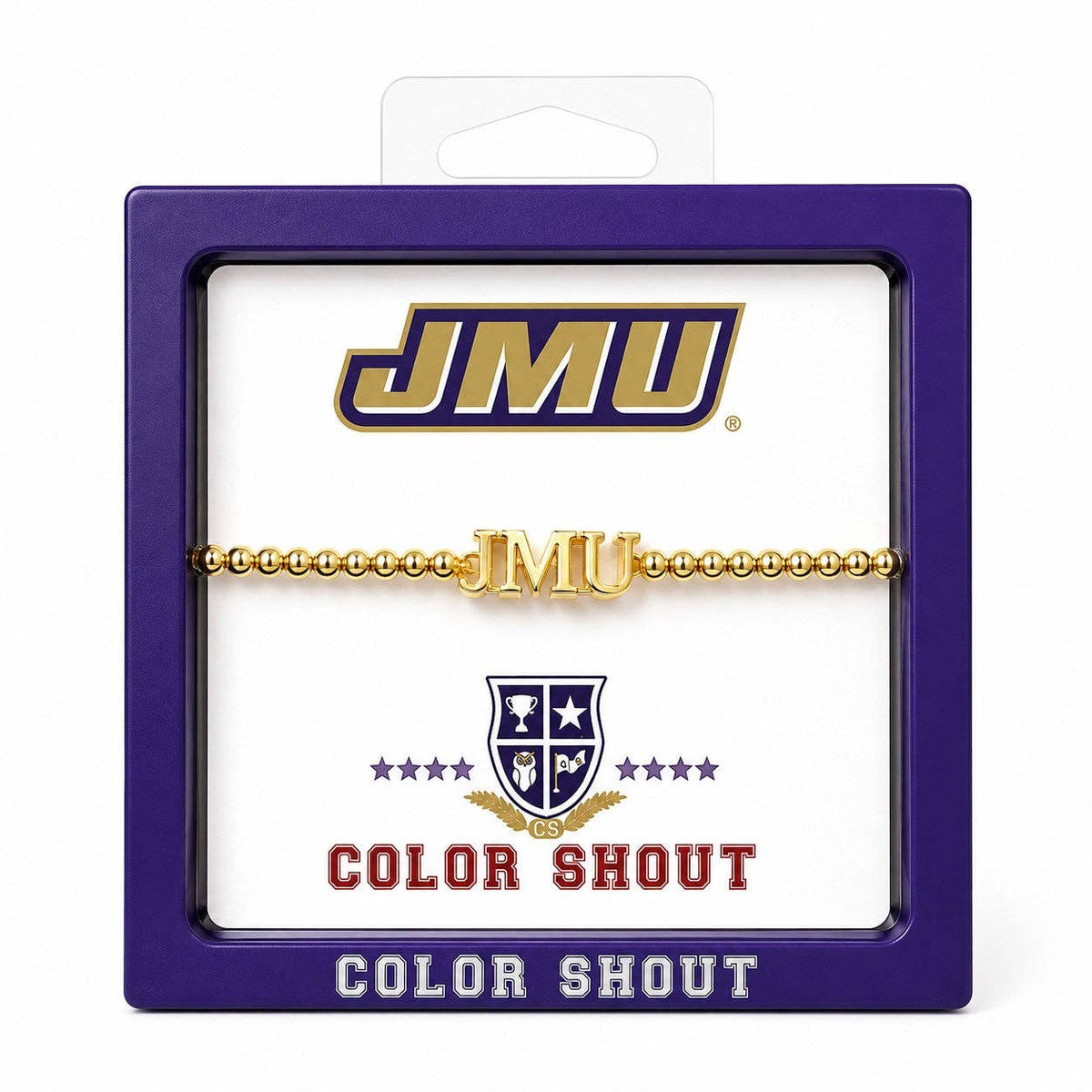 A gold beaded bracelet with a polished 'JMU' logo charm, presented in its original purple and white JMU 'Color Shout' retail packaging.