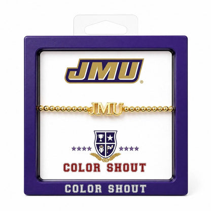 A gold beaded bracelet with a polished 'JMU' logo charm, presented in its original purple and white JMU 'Color Shout' retail packaging.