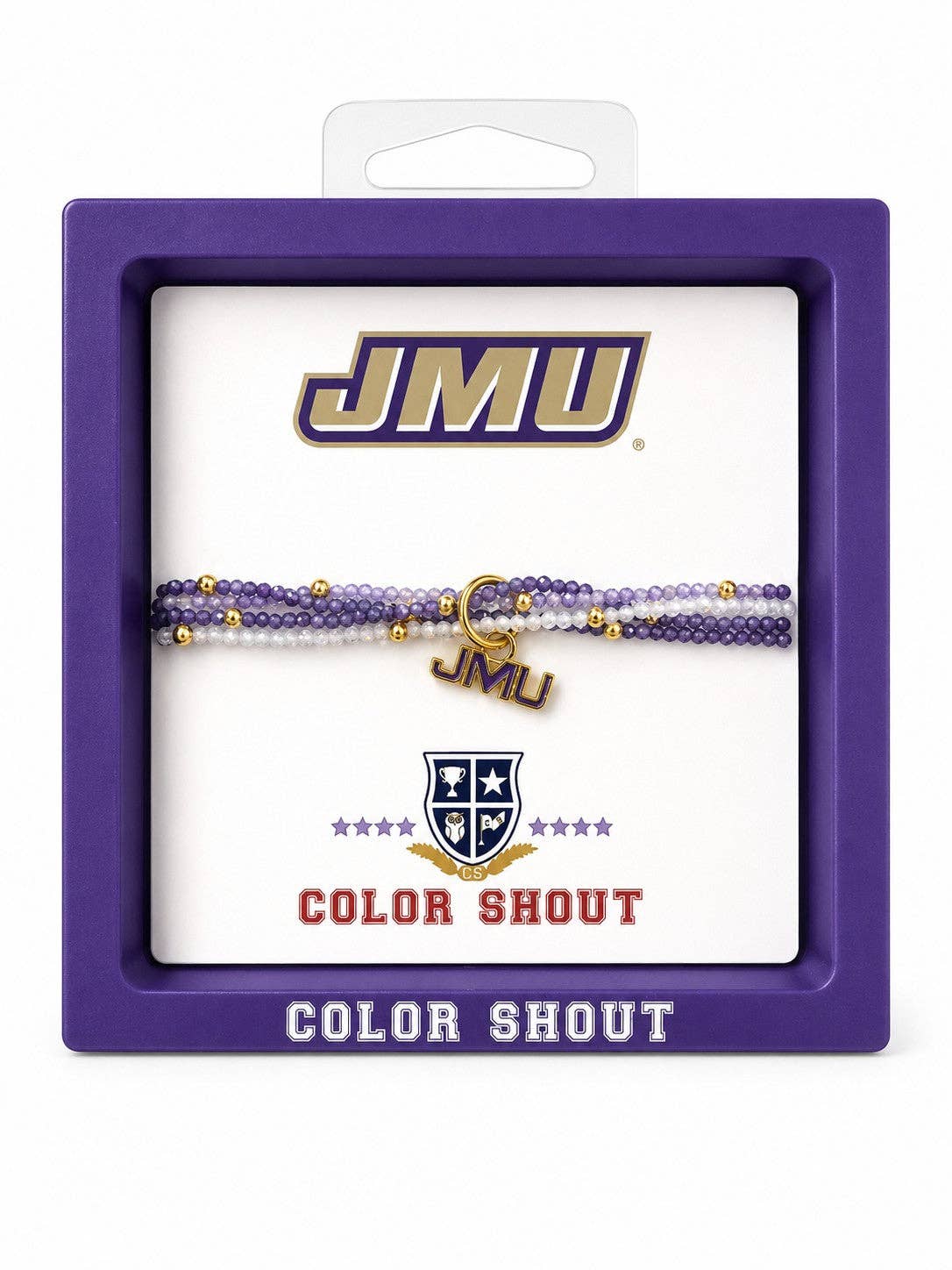A JMU 'Color Shout' beaded bracelet displayed inside its purple retail packaging. The bracelet features purple and white beads with small gold accents, including a gold 'JMU' charm.