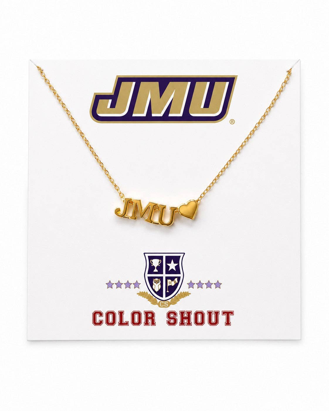 A gold-tone 'JMU' nameplate necklace with heart accents, displayed on a white backing card featuring the JMU logo and the words 'COLOR SHOUT'.
