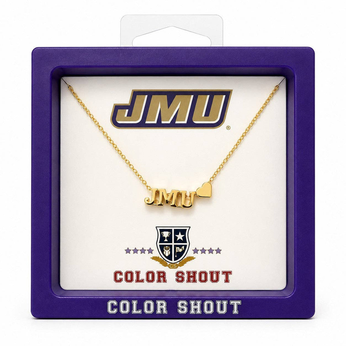 A gold initial necklace with a small heart charm and 'JMU' lettering, presented inside a purple square display box with JMU branding and 'COLOR SHOUT' text.