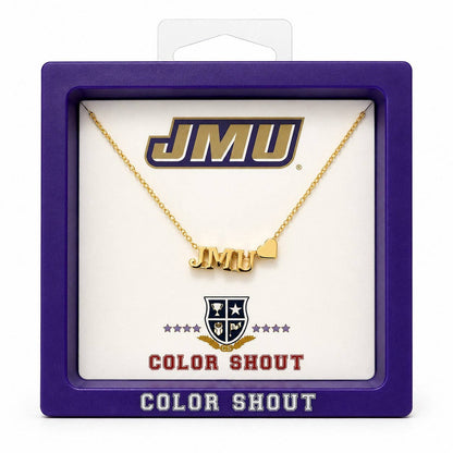 A gold initial necklace with a small heart charm and 'JMU' lettering, presented inside a purple square display box with JMU branding and 'COLOR SHOUT' text.