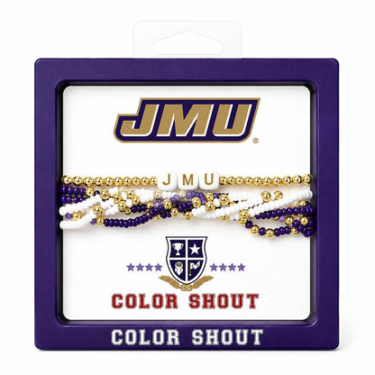 JMU Color Shout beaded bracelet set in its purple retail packaging, featuring gold, white, and purple beads with JMU branding.