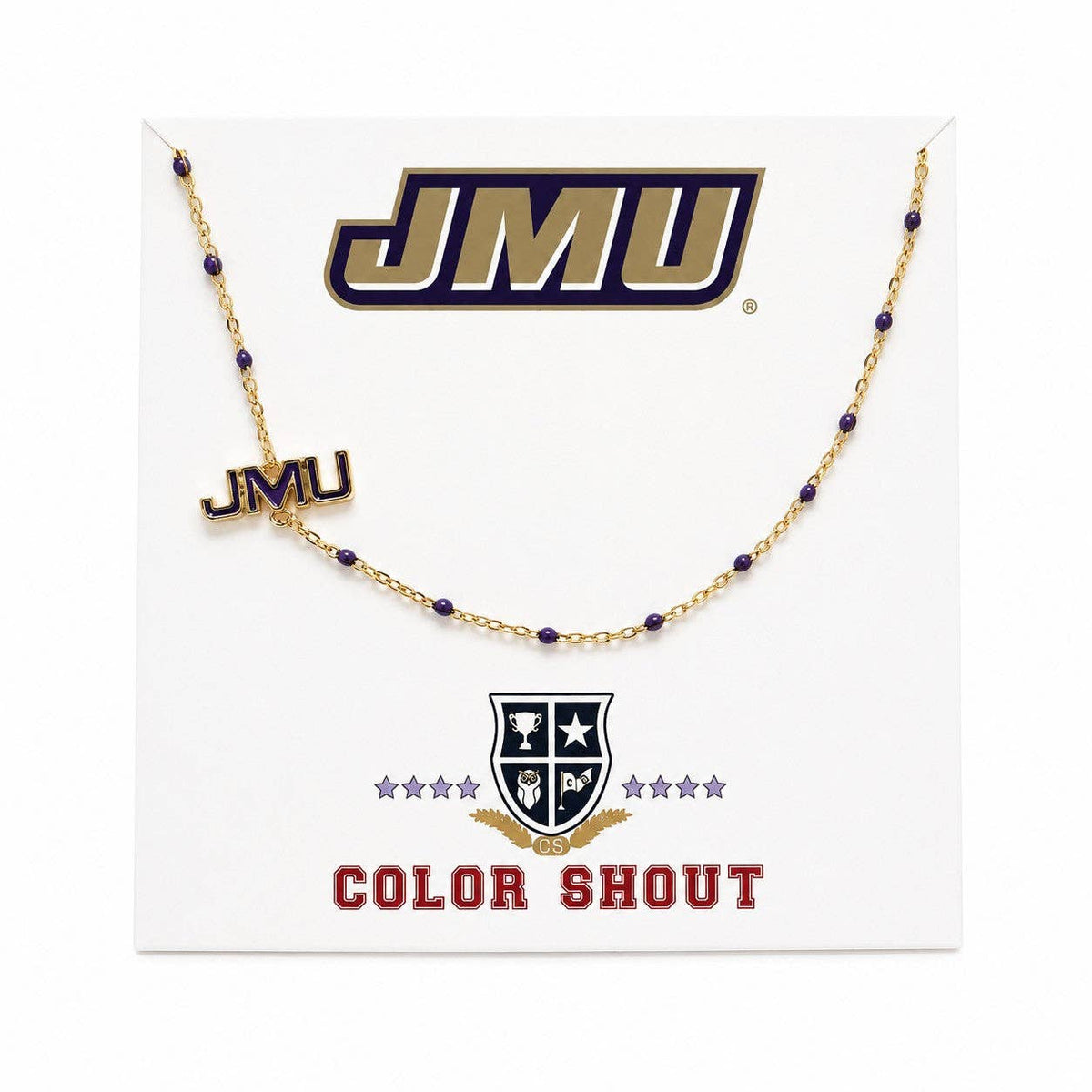 A gold chain necklace with small dark purple beads and a 'JMU' logo charm, displayed on a white JMU card labeled 'COLOR SHOUT'.
