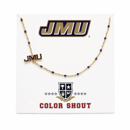 A gold chain necklace with small dark purple beads and a 'JMU' logo charm, displayed on a white JMU card labeled 'COLOR SHOUT'.