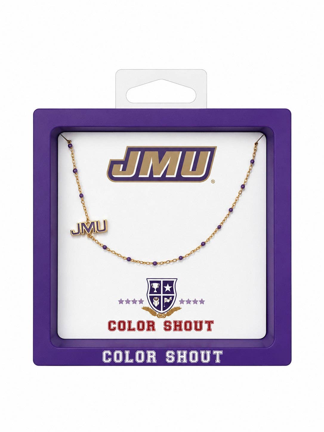 A gold-tone beaded necklace with purple and gold JMU 'JMU' charms, presented in a purple JMU 'Color Shout' retail display box.