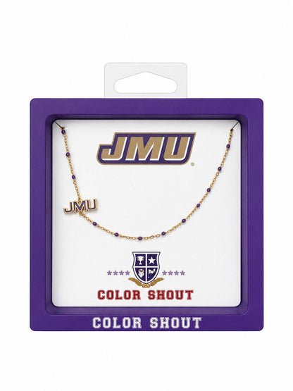 A gold-tone beaded necklace with purple and gold JMU 'JMU' charms, presented in a purple JMU 'Color Shout' retail display box.