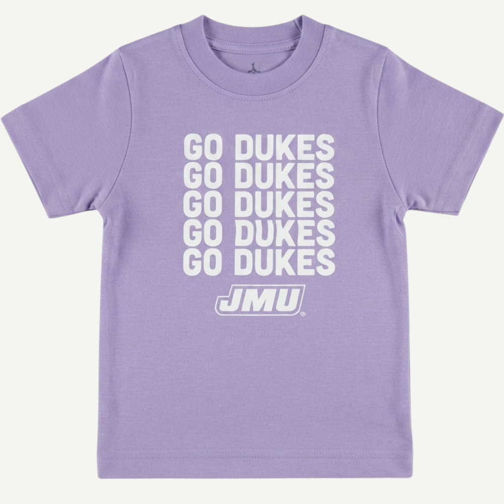 A light purple short-sleeve t-shirt with 'GO DUKES' printed in white stacked vertically on the front, with the JMU logo underneath, shown against a light off-white background.