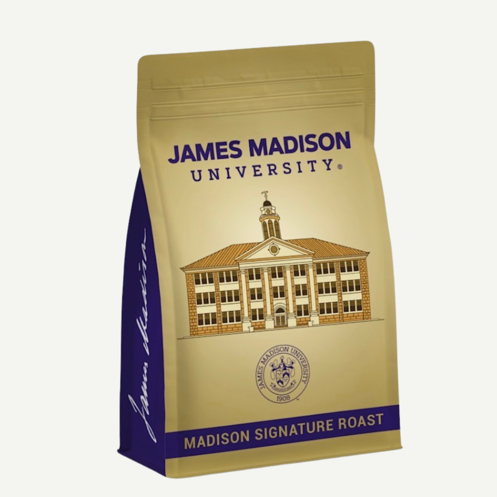 Coffee bag with James Madison University branding on a white background