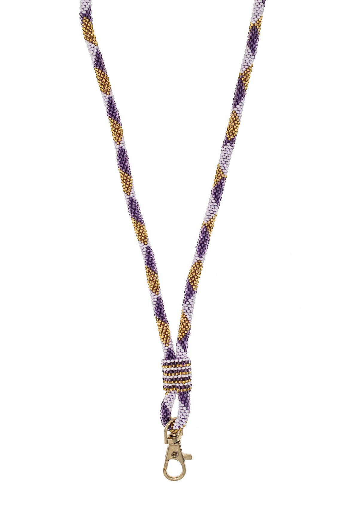 A braided woven lanyard strap in purple, gold, and white, featuring a gold metal lobster clasp at the bottom, shown against a plain white background.