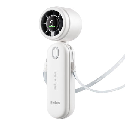 White handheld fan with digital display on a white background