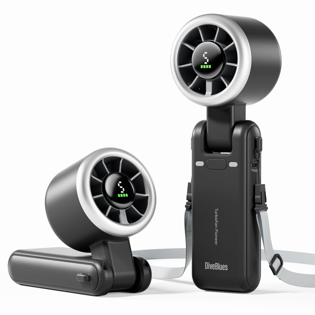 Two black and gray portable fans with visible branding on a white background
