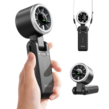 Handheld device with a fan and attached wireless microphone on a white background